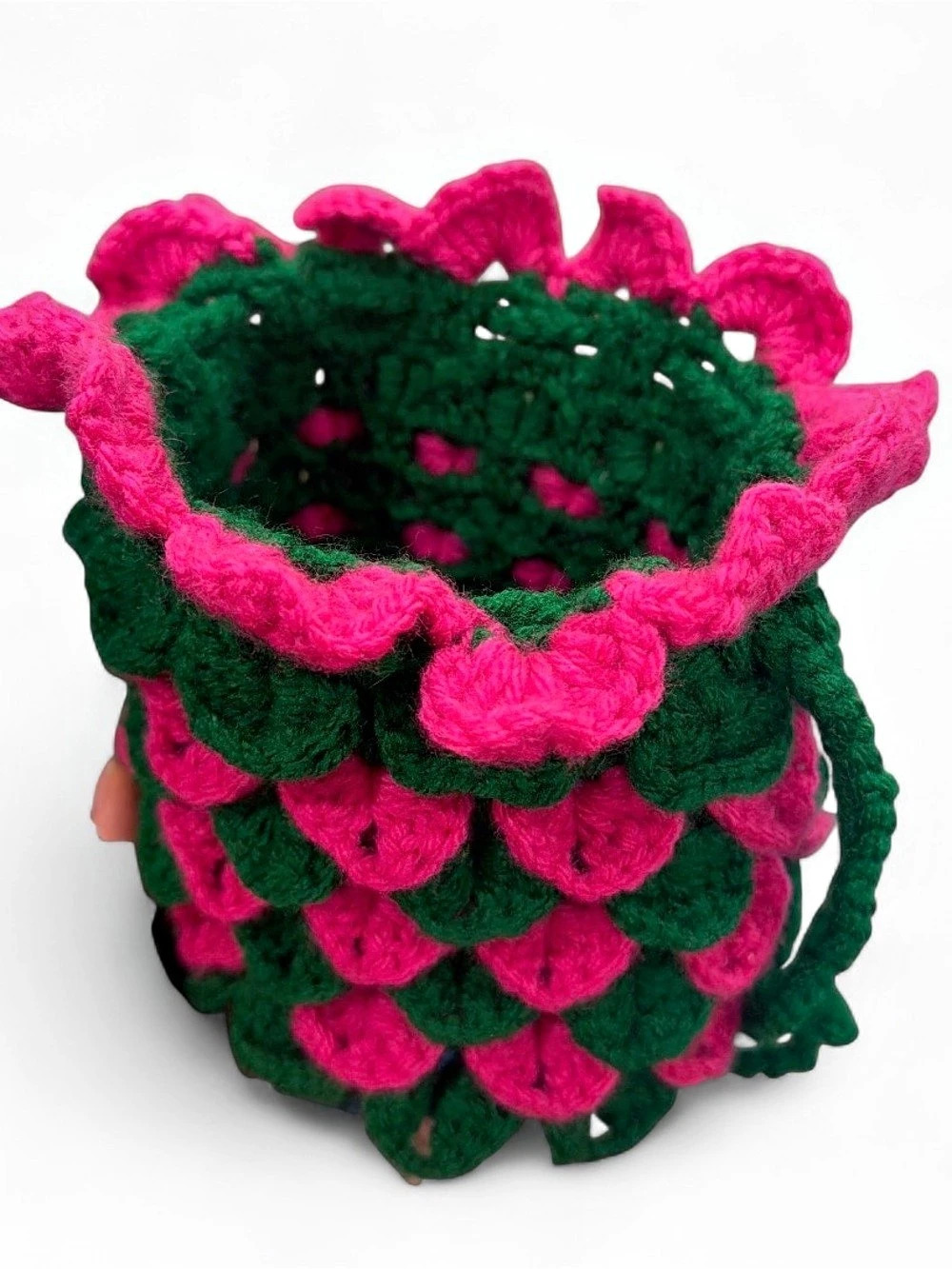 Handmade crochet drawstring watermelon pouch w/ green and pink scalloped patten